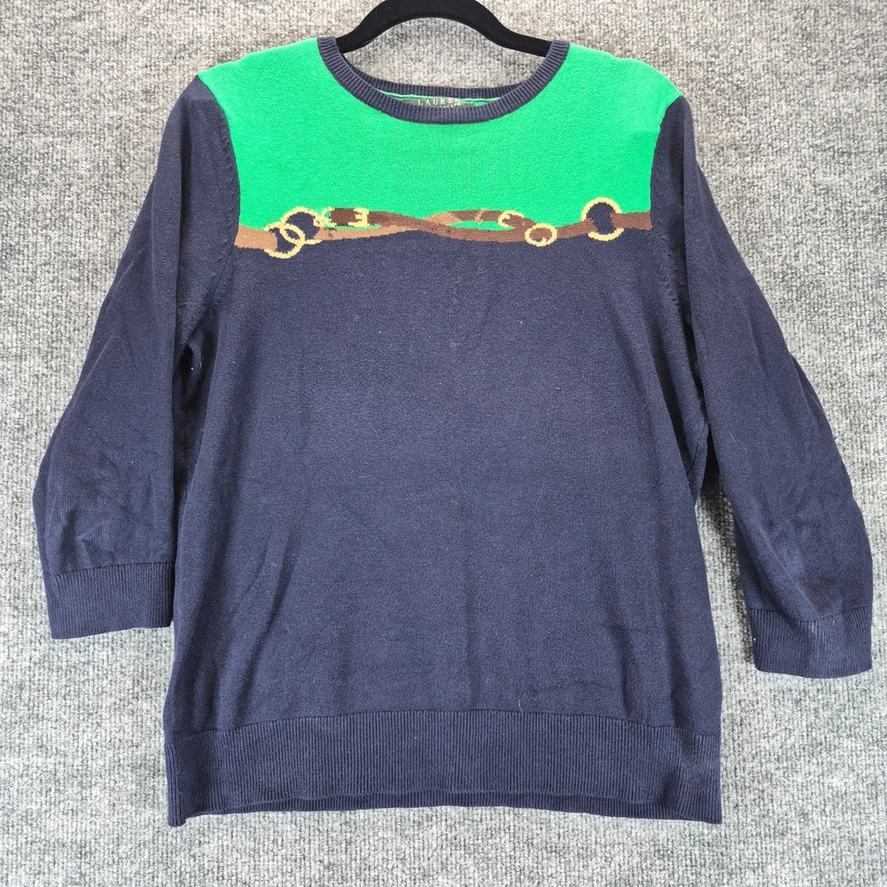 Lauren Ralph Lauren Sweater Colorblock Equestrian Belt M Navy Blue Women